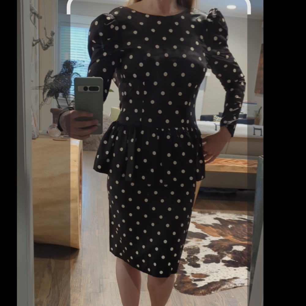 VINTAGE LESLIE LUCKS black/white polkadot hip ruffle party dress size4- small